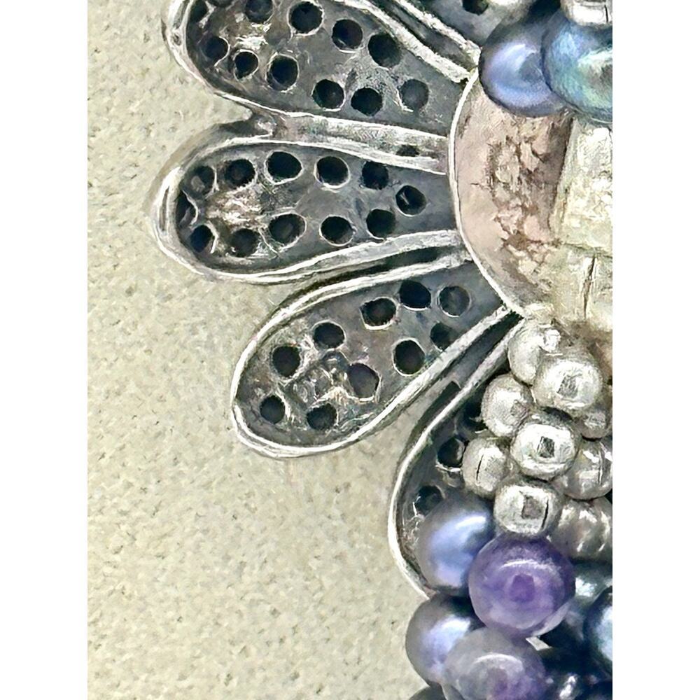 VTG Sterling Silver Natural Pearl Amethyst & Marcasite Statement Necklace Chunky - Picture 8 of 11
